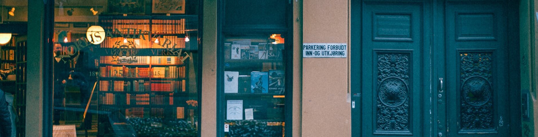 bookstore building facade on pavement in city