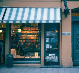 bookstore building facade on pavement in city