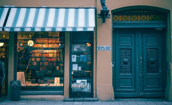 bookstore building facade on pavement in city