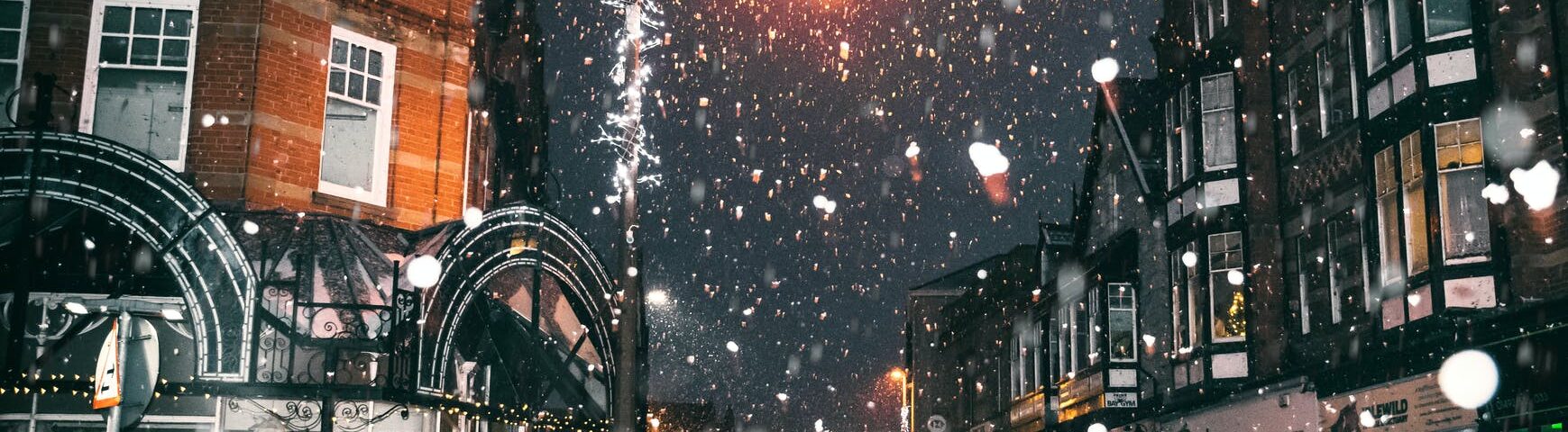 rain of snow in town painting