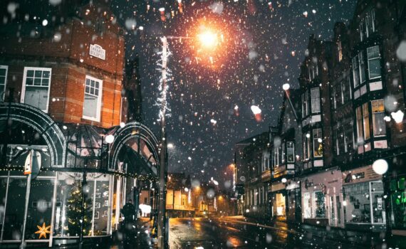 rain of snow in town painting