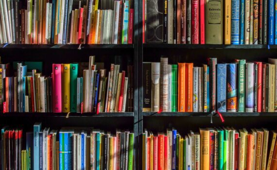 books in black wooden book shelf
