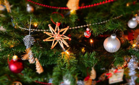 close up of christmas decoration hanging on tree