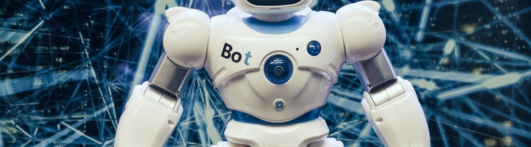 white and blue robot figure