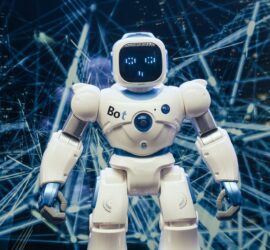 white and blue robot figure