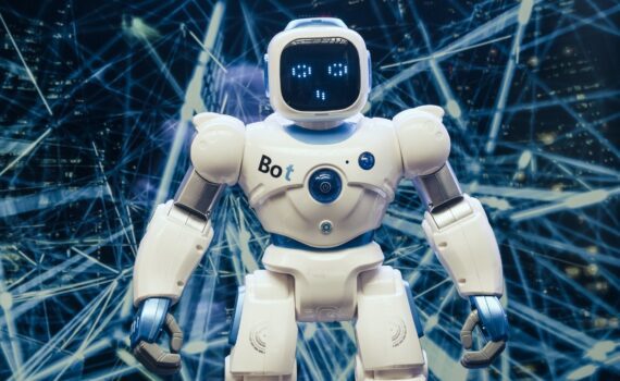white and blue robot figure