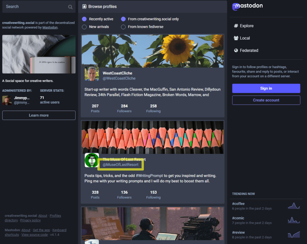 A screenshot of creativewriting.social showing the directory page. The account MuseOfLastResort has its connection details highlighted.